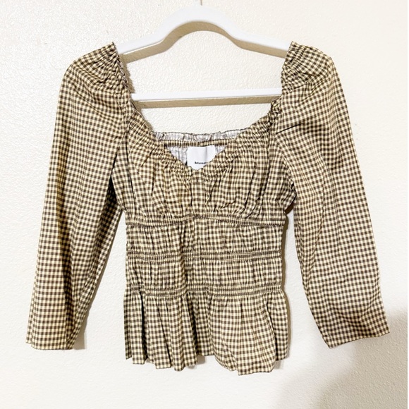 Reformation Tops - NWT Reformation Gingham Brown Check Printed Smocked Organic Cotton Top size 6
